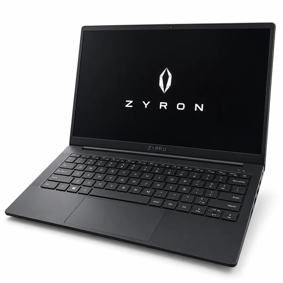 Portátil ZYRON Z1 PRO abierto con el logo ZYRON en pantalla